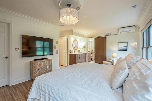 3185 Shadberry Ct, Saline, MI 48176 - bedroom featuring ornamental molding, a wall mounted AC, wood finished floors, a barn door, and a chandelier