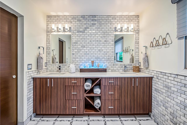 3185 Shadberry Ct, Saline, MI 48176 - full bath featuring tile walls, double vanity, and wainscoting