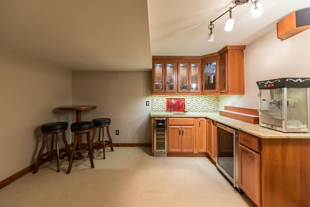 3185 Shadberry Ct, Saline, MI 48176 - bar area with wine cooler, light carpet, and tasteful backsplash