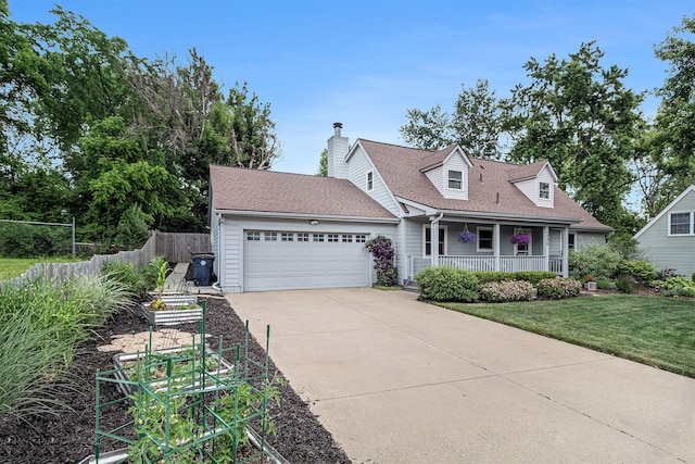 1775 Franklin Ct S, Ann Arbor, MI 48103 - cape cod house featuring a porch, an attached garage, driveway, a chimney, and roof with shingles