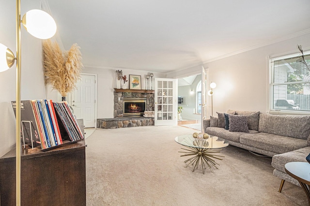 1775 Franklin Ct S, Ann Arbor, MI 48103 - living area featuring ornamental molding, carpet floors, and a fireplace