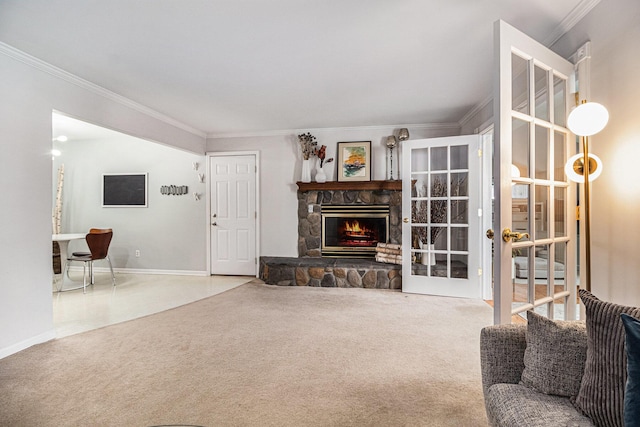 1775 Franklin Ct S, Ann Arbor, MI 48103 - carpeted living area featuring crown molding and a stone fireplace