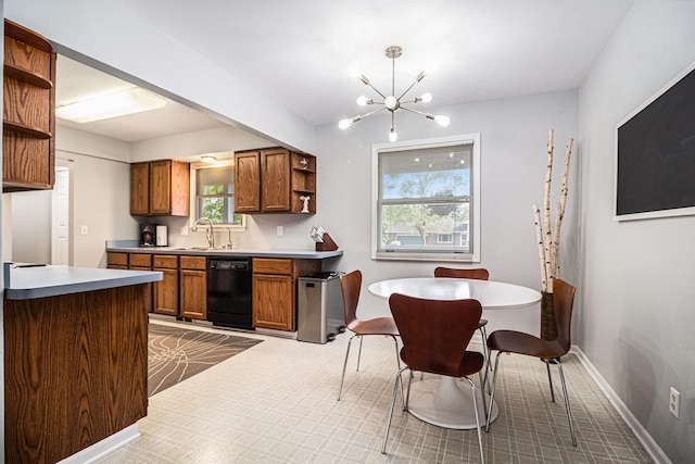 1775 Franklin Ct S, Ann Arbor, MI 48103 - kitchen with open shelves, black dishwasher, brown cabinets, a chandelier, and light countertops