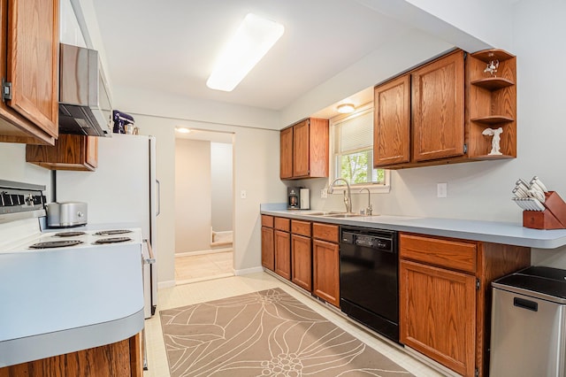 1775 Franklin Ct S, Ann Arbor, MI 48103 - kitchen with black dishwasher, white electric range oven, brown cabinetry, and light countertops