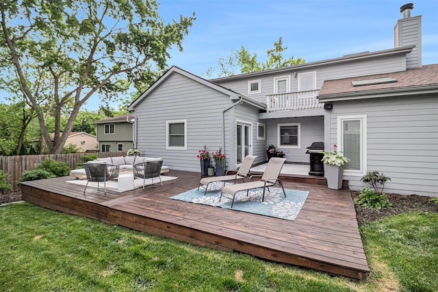 1775 Franklin Ct S, Ann Arbor, MI 48103 - back of property with an outdoor hangout area, a balcony, a chimney, and a wooden deck