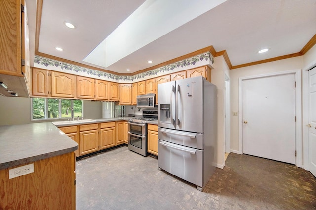 6990 Kennedy Rd, Munith, MI 49259 - kitchen with appliances with stainless steel finishes, crown molding, a skylight, recessed lighting, and light brown cabinetry