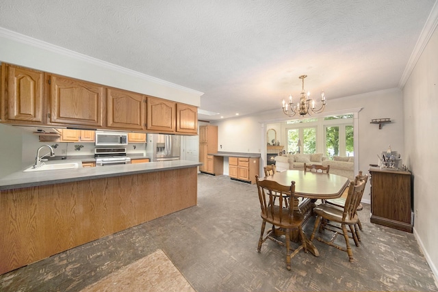 6990 Kennedy Rd, Munith, MI 49259 - dining room featuring a chandelier, ornamental molding, french doors, a textured ceiling, and wood finished floors