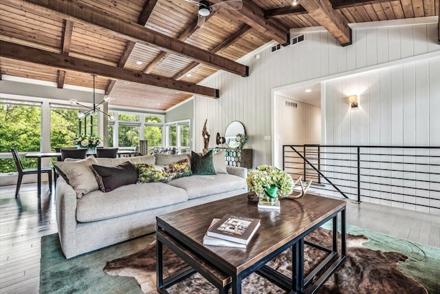 16128 Walnut Ct, Three Oaks, MI 49128 - living room with wood ceiling, hardwood / wood-style floors, wooden walls, and a chandelier