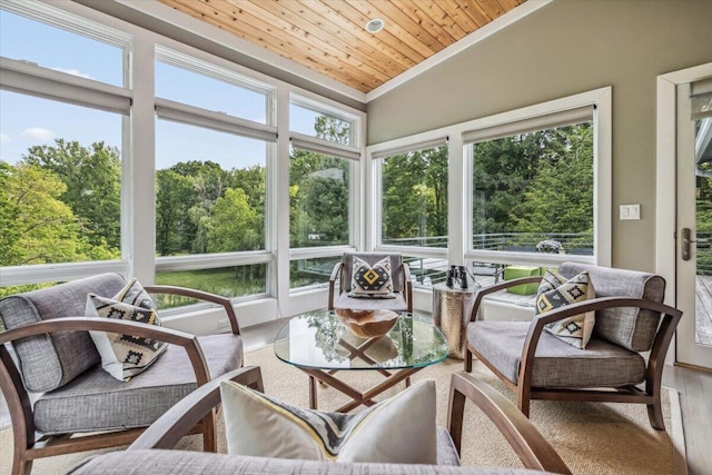 16128 Walnut Ct, Three Oaks, MI 49128 - sunroom with ornamental molding, wood finished floors, lofted ceiling, and wood ceiling