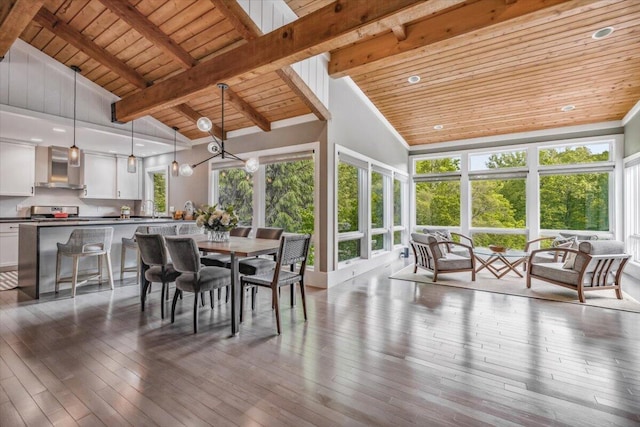 16128 Walnut Ct, Three Oaks, MI 49128 - dining space featuring a wood ceiling with exposed beams, healthy amount of natural light, high vaulted ceiling, and wood-type flooring