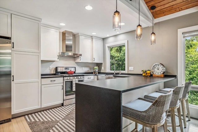 16128 Walnut Ct, Three Oaks, MI 49128 - kitchen with stainless steel appliances, wall chimney range hood, healthy amount of natural light, dark countertops, and recessed lighting