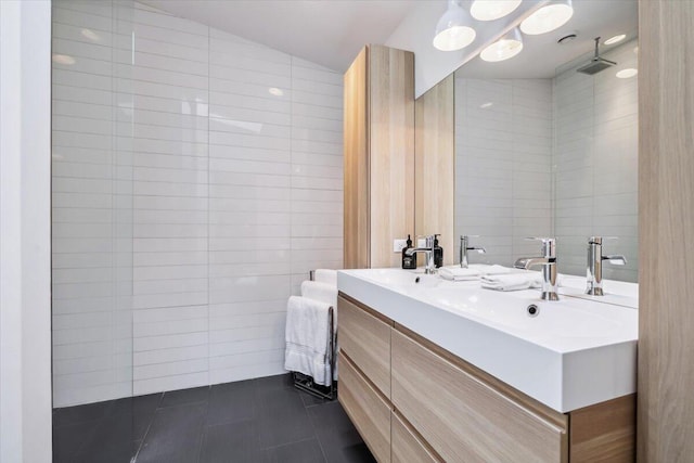 16128 Walnut Ct, Three Oaks, MI 49128 - full bathroom featuring tile walls, double vanity, tile patterned floors, and a shower