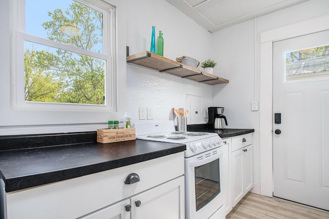 501 Sherwood Ave, Three Oaks, MI 49128 - kitchen featuring white electric range oven, open shelves, dark countertops, tasteful backsplash, and light wood-style floors