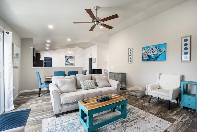 25220 Forest Ln, Mattawan, MI 49071 - living area featuring wood finished floors, vaulted ceiling, ceiling fan, and recessed lighting