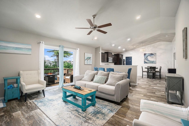 25220 Forest Ln, Mattawan, MI 49071 - living room featuring vaulted ceiling, wood finished floors, a ceiling fan, and recessed lighting