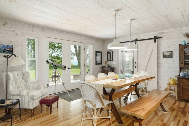 2821 Lakeshore Rd, Lexington, MI 48450 - dining room featuring a barn door, wooden walls, plenty of natural light, light wood-style floors, and wood ceiling