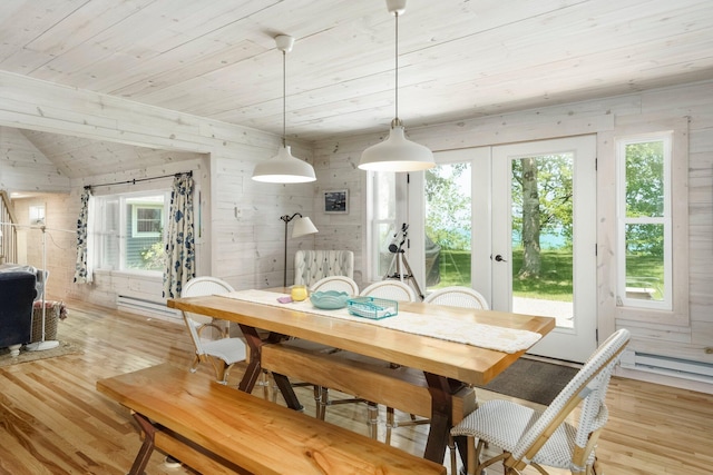 2821 Lakeshore Rd, Lexington, MI 48450 - dining room featuring wooden ceiling, light wood finished floors, plenty of natural light, french doors, and wooden walls