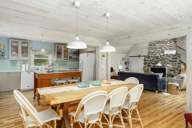 2821 Lakeshore Rd, Lexington, MI 48450 - dining space featuring light wood-style floors, wooden ceiling, and lofted ceiling