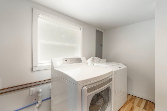 2821 Lakeshore Rd, Lexington, MI 48450 - laundry room with washing machine and clothes dryer, electric panel, and light wood-style flooring