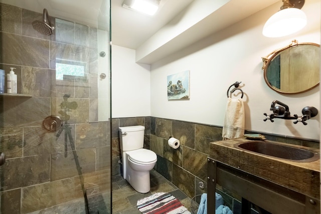 2821 Lakeshore Rd, Lexington, MI 48450 - full bathroom with tile walls, vanity, a tile shower, wainscoting, and tile patterned floors