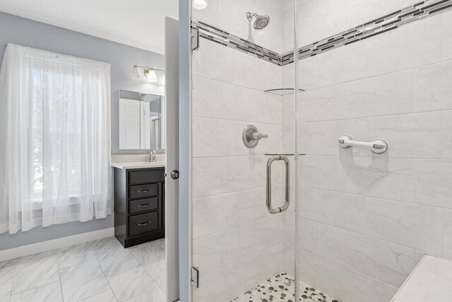 450 Carefree Ct, Niles, MI 49120 - full bathroom featuring a shower stall, vanity, and marble look tiles