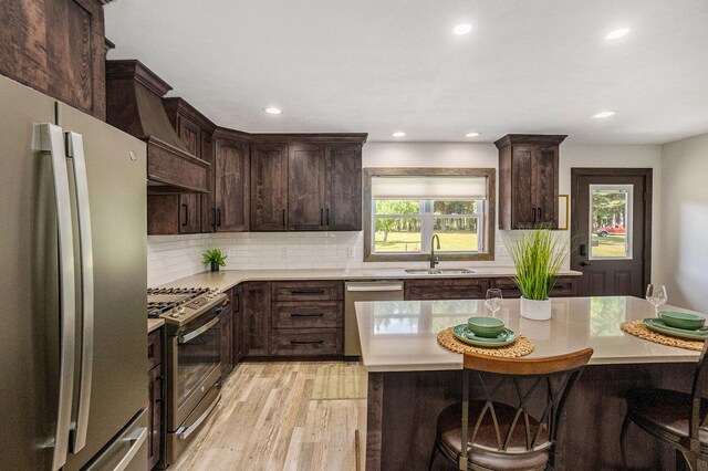 2480 S 148th Ave, Hesperia, MI 49421 - kitchen featuring appliances with stainless steel finishes, light countertops, light wood-style floors, dark brown cabinetry, and recessed lighting