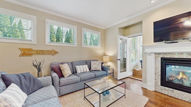 120 S Kenzie St, New Buffalo, MI 49117 - living area featuring plenty of natural light, ornamental molding, wood finished floors, and a glass covered fireplace