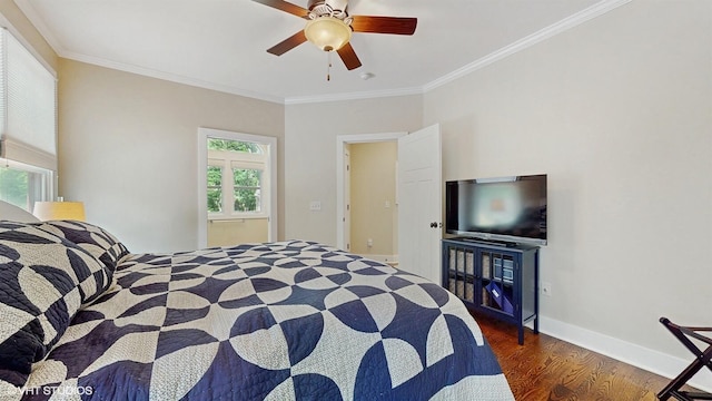 120 S Kenzie St, New Buffalo, MI 49117 - bedroom with wood finished floors, multiple windows, crown molding, and ceiling fan