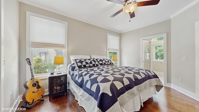120 S Kenzie St, New Buffalo, MI 49117 - bedroom featuring dark wood finished floors, crown molding, ceiling fan, and ensuite bathroom