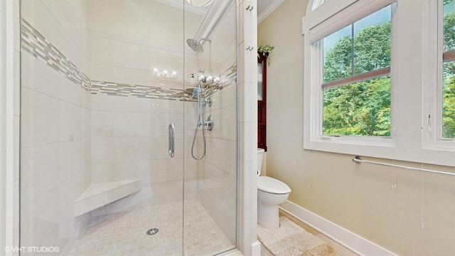 120 S Kenzie St, New Buffalo, MI 49117 - bathroom featuring a shower stall, healthy amount of natural light, and ornamental molding