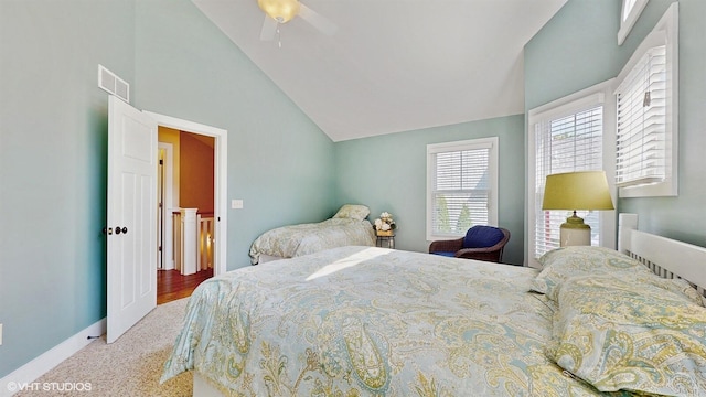 120 S Kenzie St, New Buffalo, MI 49117 - carpeted bedroom with high vaulted ceiling and a ceiling fan
