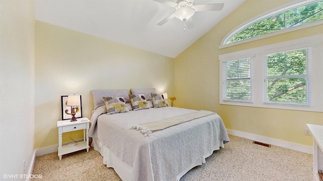 120 S Kenzie St, New Buffalo, MI 49117 - bedroom featuring lofted ceiling, light colored carpet, and ceiling fan