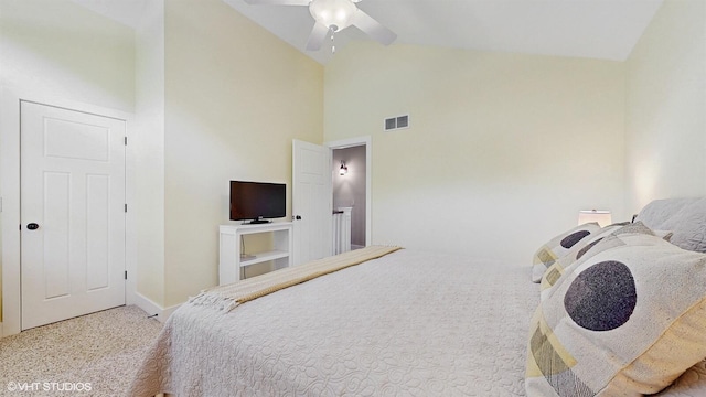 120 S Kenzie St, New Buffalo, MI 49117 - carpeted bedroom with high vaulted ceiling and ceiling fan
