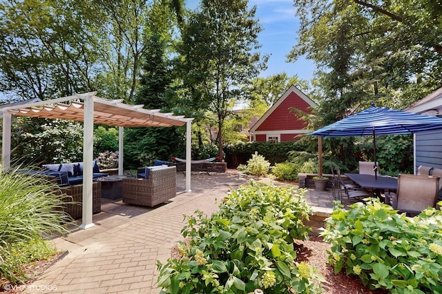 120 S Kenzie St, New Buffalo, MI 49117 - view of patio / terrace with an outdoor living space, a pergola, and outdoor dining area