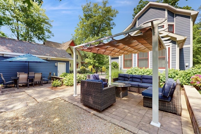 120 S Kenzie St, New Buffalo, MI 49117 - view of patio / terrace featuring an outdoor hangout area, a pergola, and outdoor dining space
