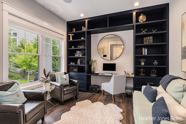 8069 Ella Terrace Ct, Rockford, MI 49341 - office area with healthy amount of natural light, dark wood-type flooring, built in features, and recessed lighting