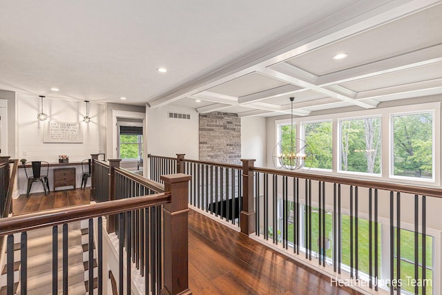 8069 Ella Terrace Ct, Rockford, MI 49341 - corridor featuring an upstairs landing, a chandelier, hardwood / wood-style flooring, plenty of natural light, and recessed lighting