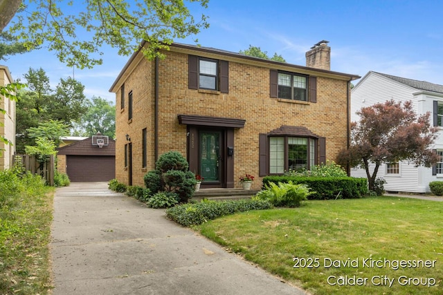 1052 Santa Cruz Dr SE, Grand Rapids, MI 49506 - view of front facade with brick siding, a front lawn, a chimney, a detached garage, and an outdoor structure