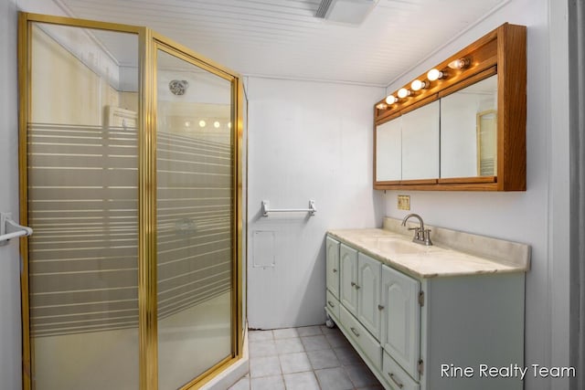757 E Sidney Rd, Stanton, MI 48888 - full bath with vanity, a stall shower, and tile patterned flooring