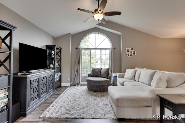 4284 Ives Farm Ln NE, Cedar Springs, MI 49319 - living room featuring ceiling fan, wood finished floors, and vaulted ceiling