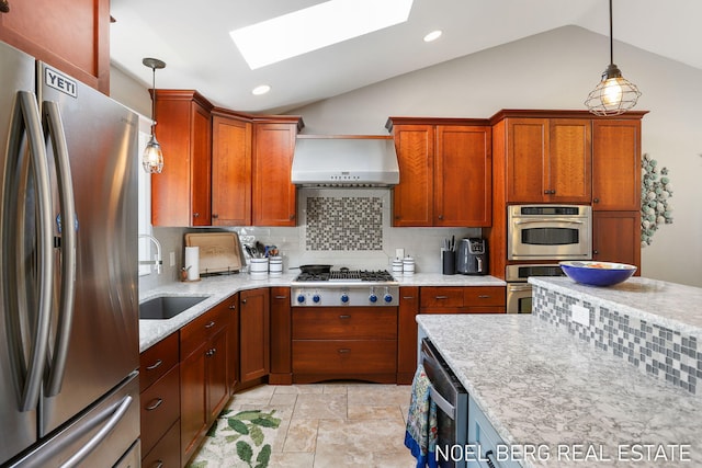 16093 Harbor Point Dr, Spring Lake, MI 49456 - kitchen featuring appliances with stainless steel finishes, a skylight, vaulted ceiling, wall chimney exhaust hood, and backsplash