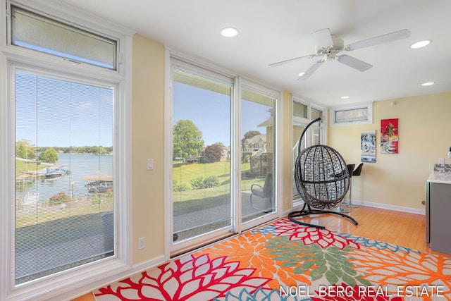 16093 Harbor Point Dr, Spring Lake, MI 49456 - sitting room with wood finished floors, ceiling fan, plenty of natural light, recessed lighting, and a water view