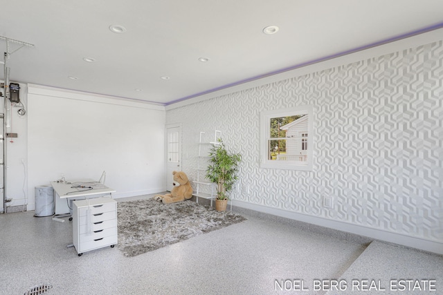 16093 Harbor Point Dr, Spring Lake, MI 49456 - misc room with recessed lighting, wallpapered walls, and speckle patterned floor