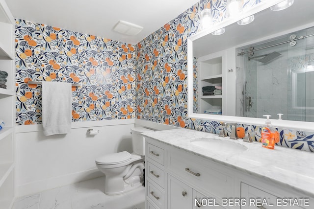 16093 Harbor Point Dr, Spring Lake, MI 49456 - full bathroom featuring wallpapered walls, vanity, a stall shower, and marble look tile flooring
