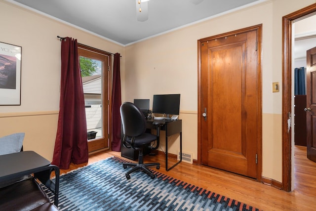 22836 Wellington St, Dearborn, MI 48124 - office area with wood finished floors, crown molding, and a ceiling fan