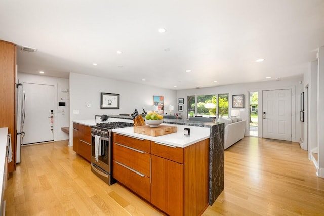 4330 Eastgate Dr, Ann Arbor, MI 48103 - kitchen featuring appliances with stainless steel finishes, brown cabinetry, open floor plan, light wood-type flooring, and recessed lighting