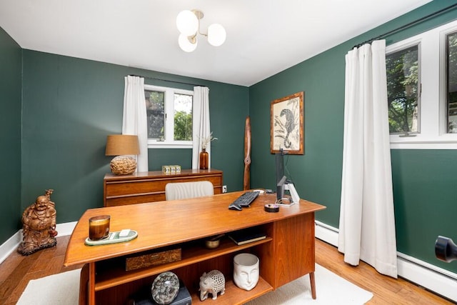 4330 Eastgate Dr, Ann Arbor, MI 48103 - office featuring a baseboard radiator, wood finished floors, and a chandelier