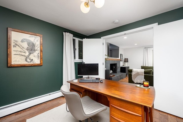 4330 Eastgate Dr, Ann Arbor, MI 48103 - home office featuring a baseboard heating unit, wood finished floors, a tiled fireplace, and recessed lighting