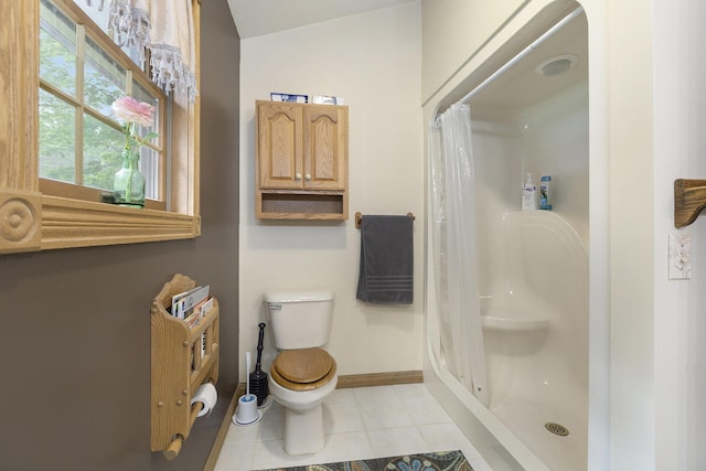 7272 E M 113, Kingsley, MI 49649 - bathroom with tile patterned flooring, a shower with shower curtain, and lofted ceiling