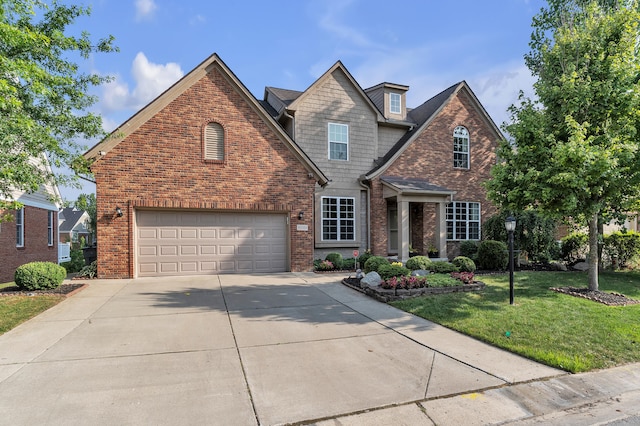 50501 Elmwood Ct, Plymouth, MI 48170 - view of front of property with brick siding, concrete driveway, a front lawn, and an attached garage